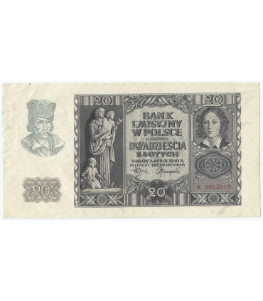 Banknot 20 złotych, 1940, seria K 0013919, NISKI NUMER, stan 3+
