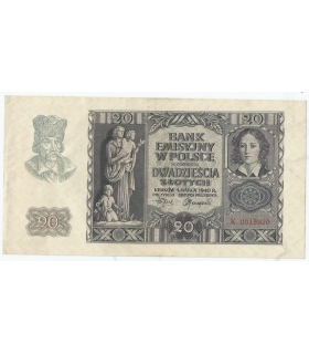 Banknot 20 złotych, 1940, seria K 0013920, NISKI NUMER, stan 2