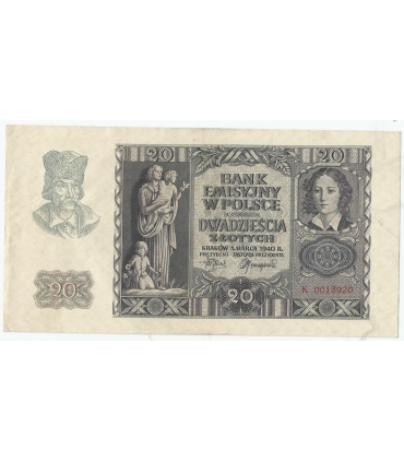 Banknot 20 złotych, 1940, seria K 0013920, NISKI NUMER, stan 2