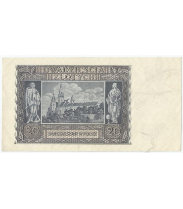 Banknot 20 złotych, 1940, seria K 0013921, NISKI NUMER, stan 2