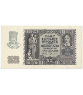 Banknot 20 złotych, 1940, seria K 0013921, NISKI NUMER, stan 2