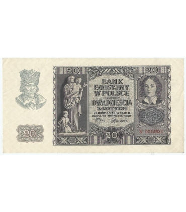 Banknot 20 złotych, 1940, seria K 0013921, NISKI NUMER, stan 2