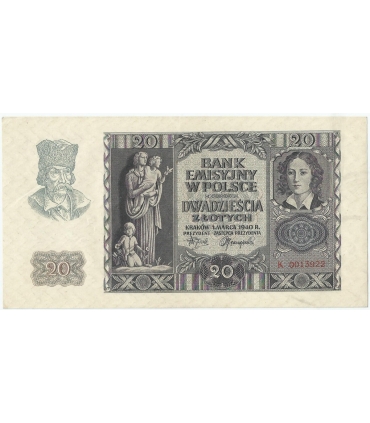 Banknot 20 złotych, 1940, seria K 0013921, NISKI NUMER, stan 2