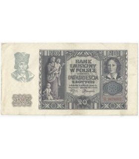 Banknot 20 złotych, 1940, seria G, stan 3-