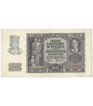 Banknot 20 złotych, 1940, seria G 1616616, CIEKAWY NUMER stan 3-