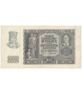 Banknot 20 złotych, 1940, seria K, stan 3