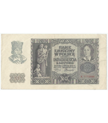 Banknot 20 złotych, 1940, seria K, stan 3
