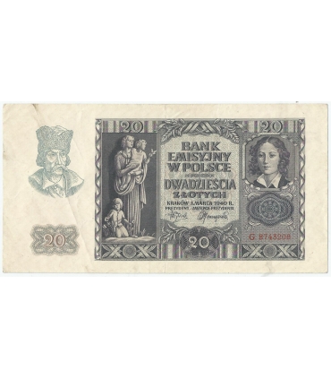 Banknot 20 złotych, 1940, seria G, stan 3