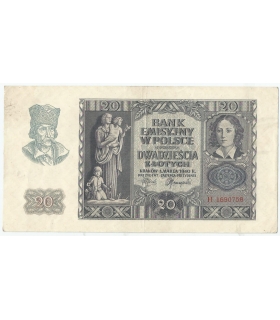 Banknot 20 złotych, 1940, seria H, stan 3