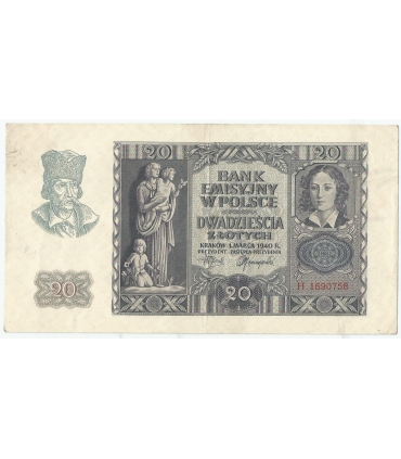 Banknot 20 złotych, 1940, seria H, stan 3
