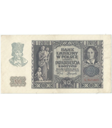 Banknot 20 złotych, 1940, seria G, stan 3