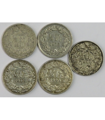 Szwajcaria Lot, 5x 1/2 franka: 1881, 1920, 1944, 1945, 1973