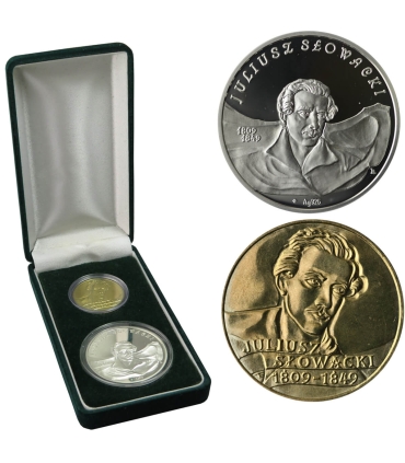 Zestaw: Medal Juliusz Słowacki Srebro 28,28g, Ag925 + 2 zł Gn Słowacki 1999