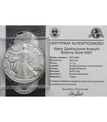 1 Dollar Liberty Orzeł 2007, 1 uncja srebro Ag 999 stan 1, certyfikat
