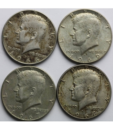 USA Lot: 4 x 1/2 dolara Kennedy 1966, 1967, 1968, 1969, srebro