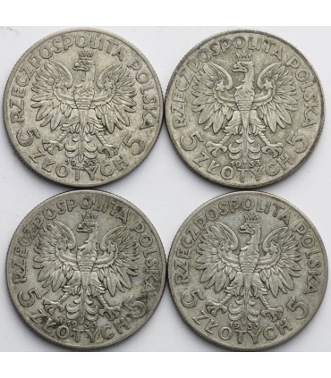 Lot 4x 5 złotych głowa kobiety 1933, stan 3/3+