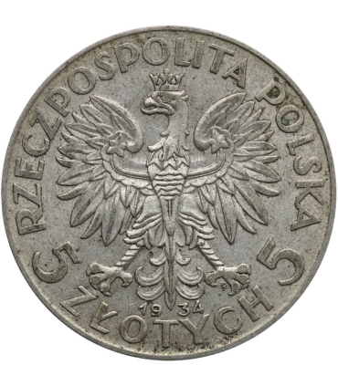 5 złotych głowa kobiety 1934, stan 3+