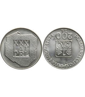 200 zł, srebrna moneta XXX lat PRL, mapka