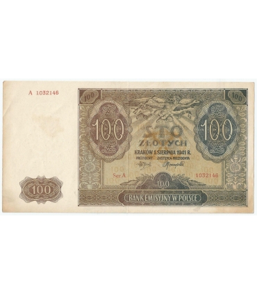 Banknot 100 złotych 1941 stan 3+, Ser. A