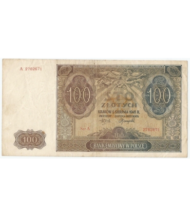 Banknot 100 złotych 1941 stan 3+, Ser. A