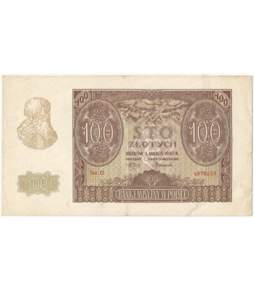 Banknot 100 złotych 1940 stan 3, Ser. D