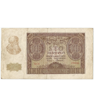 Banknot 100 złotych 1940 stan 4+, Ser. D