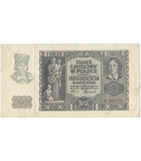 Banknot 20 złotych, 1940, seria H, stan 3