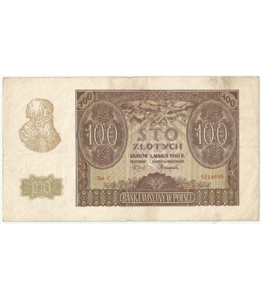Banknot 100 złotych 1940 stan 3-, Ser. C