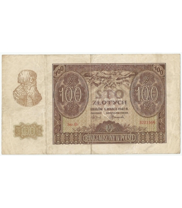 Banknot 100 złotych 1940 stan 3-, Ser. D