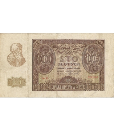 Banknot 100 złotych 1940 stan 3-, Ser. D