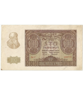 Banknot 100 złotych 1940 stan 3/3-, Ser. C