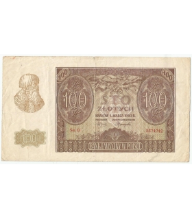Banknot 100 złotych 1940 stan 3/3-, Ser. D