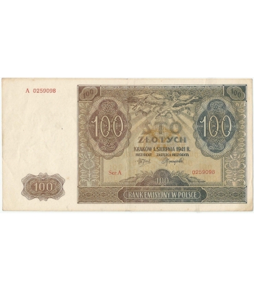 Banknot 100 złotych 1941 stan 3+, Ser. A 0259098