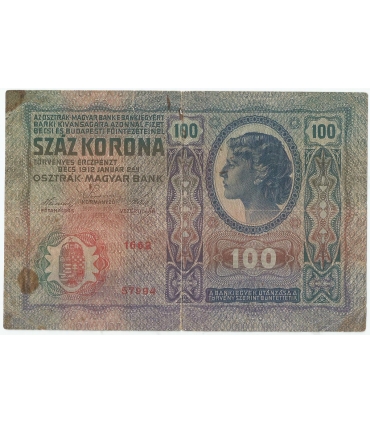 Austro-Węgry, 100 koron, 1912, stan 3-/4+