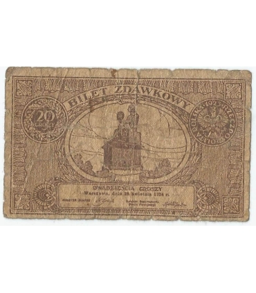 Bilet zdawkowy 20 groszy 1924, stan 4-/5+