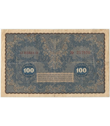 100 marek polskich (PKKP), rok 1919, stan 3-, IJ seria O