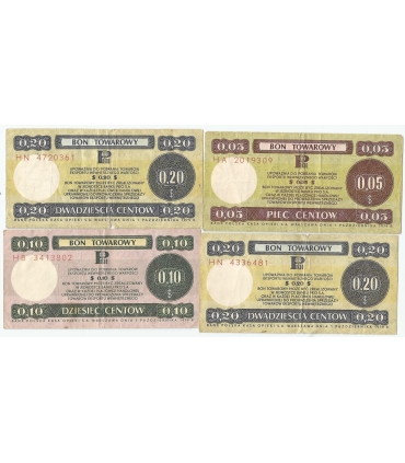 Lot: Zestaw 4 bonów towarowych, 5, 10, 2x20, centów 1979 stan 3-