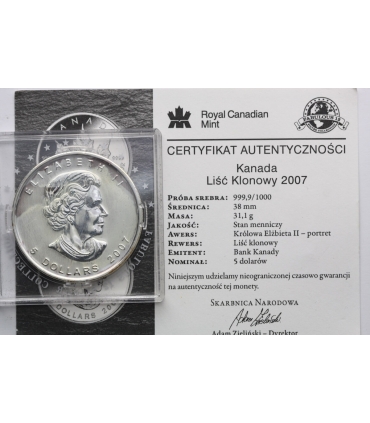 Kanada 5 dolarów Liść klonowy, 2008, Ag999, 1Oz, certyfikat