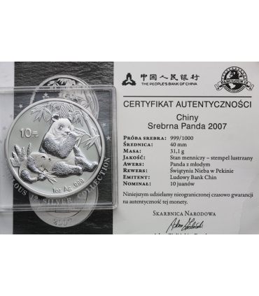Chiny 10 YUANÓW 2007 srebrna Panda 1 uncja Ag 999, certyfikat