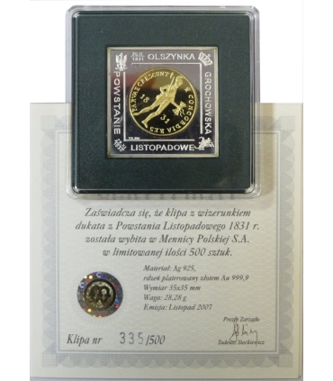 Klipa Powstanie Listopadowe 1831, srebro Ag925, certyfikat, Etui
