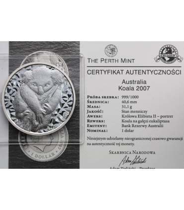 Australia, 1 dolar, Koala, 2007, srebro Ag999, 1OZ, certyfikat