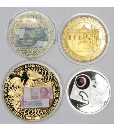 Zestaw 4 medali kolekcjonerskich – banknoty Europa / Brama Brandenburska / Michael Schumacher – kapsle