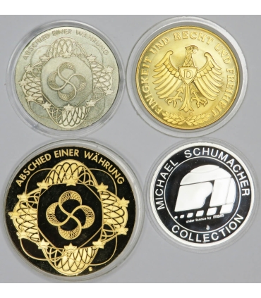Zestaw 4 medali kolekcjonerskich – banknoty Europa / Brama Brandenburska / Michael Schumacher – kapsle