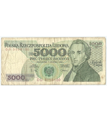 5000 zł Fryderyk Chopin,1988, seria DU, stan 3-/4+