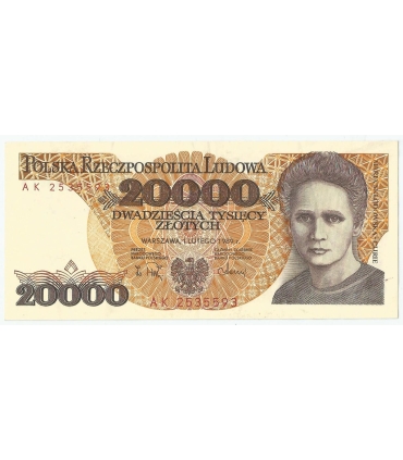 20000 zł, Maria Skłodowska-Curie, 1989, seria AK, stan 2