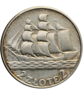 2 zł Żaglowiec 1936, stan 1-/2+, PIEKNY