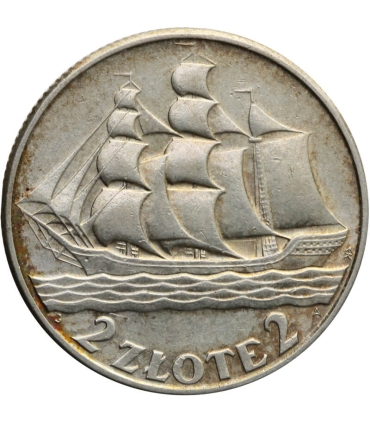 2 zł Żaglowiec 1936, stan 1-/2+, PIEKNY