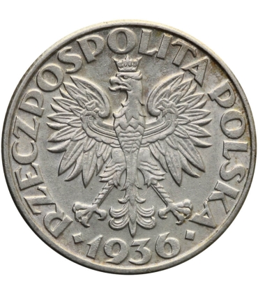 2 zł Żaglowiec 1936, stan 1-/2+, PIEKNY