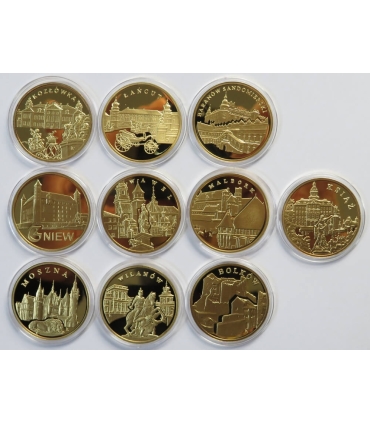 Zestaw 10 numizmatów Zamki i Pałace w etui, certyfikaty