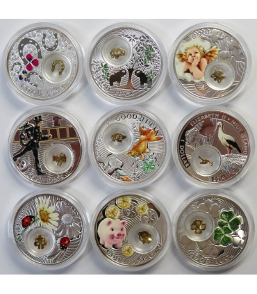 Good Luck – zestaw 9 srebrnych monet 1 Dollar Niue Island 2014, Ag 999, etui, certyfikaty